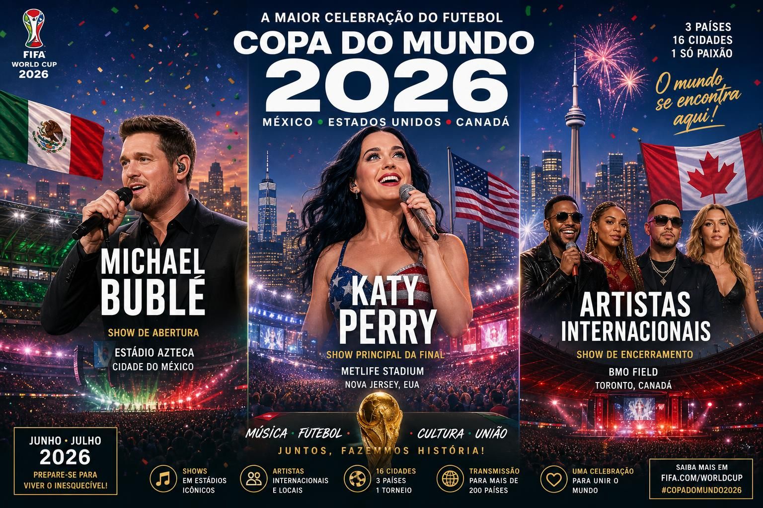 descubre los emocionantes planes de la fifa para las tres grandes celebraciones del mundial 2026, con actuaciones especiales de michael bublé, katy perry y vegedream.