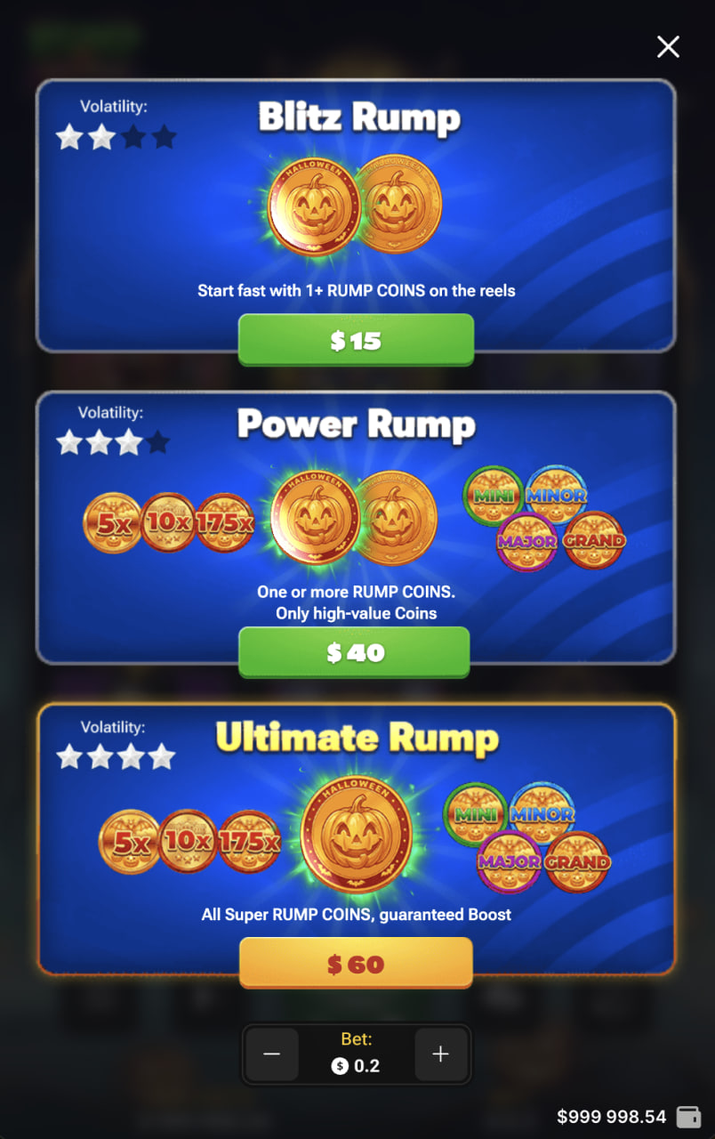 Opciones Buy Bonus de Rump & Halloween en vista vertical de móvil