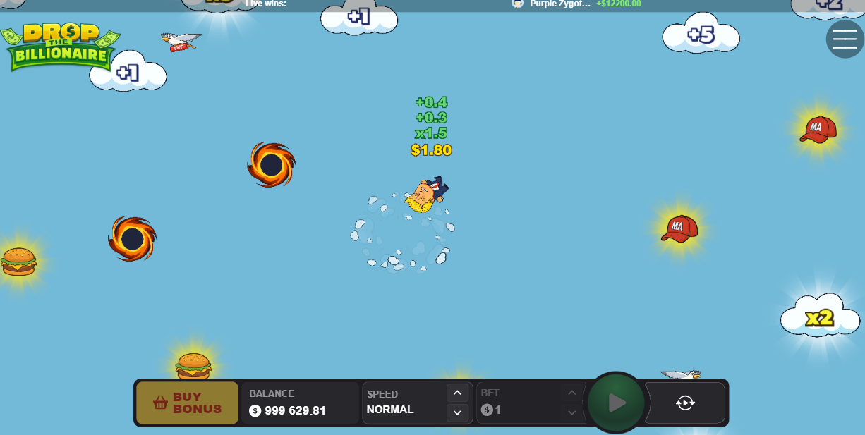 Millonario de Drop The Billionaire cayendo entre nubes con multiplicadores