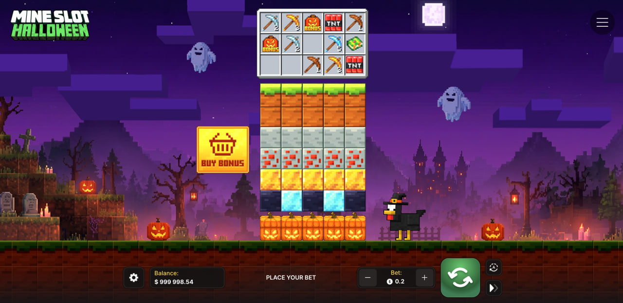 Tablero pixelado de Mine Slot Halloween: columnas de bloques, picos y botón Buy Bonus
