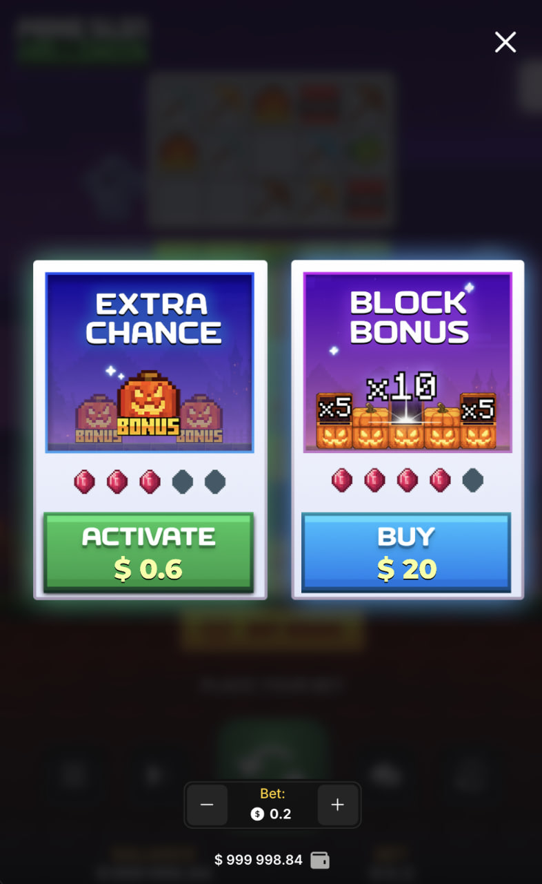 Ventana Extra Chance y Block Bonus de Mine Slot Halloween en móvil vertical