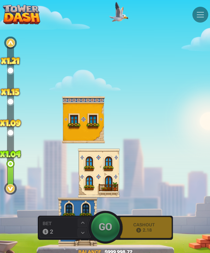 Tower Dash en un móvil vertical con los botones Go y Cashout