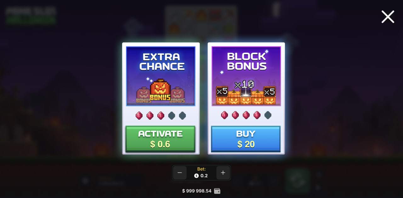 Ventana de Mine Slot Halloween con Extra Chance y Block Bonus en versión de ordenador