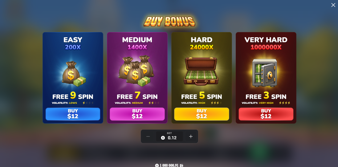 Menú Bonus Buy de MegaBlock Empire con cuatro opciones de tiradas gratis