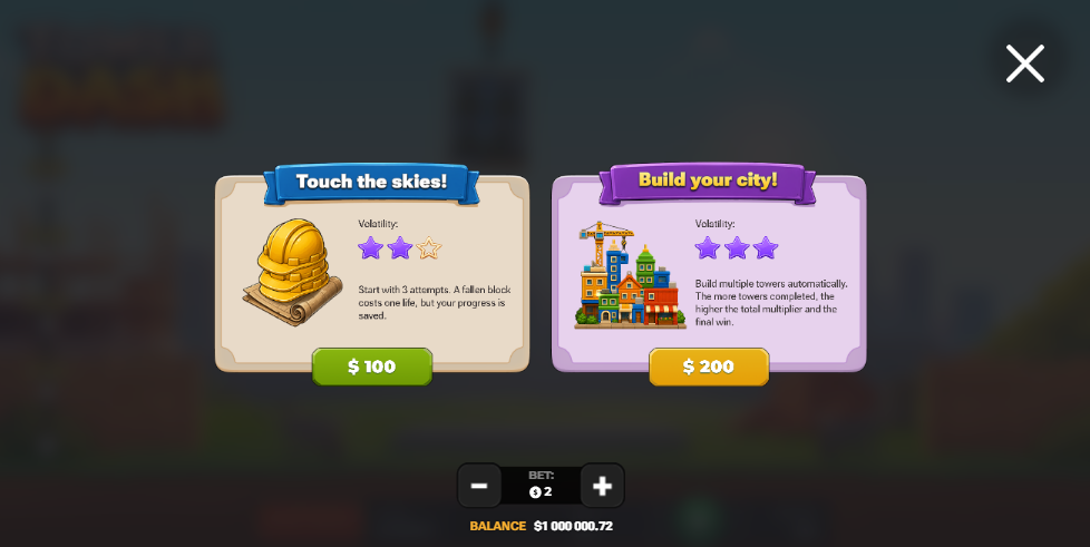 Opciones Bonus Buy de Tower Dash Touch the skies y Build your city