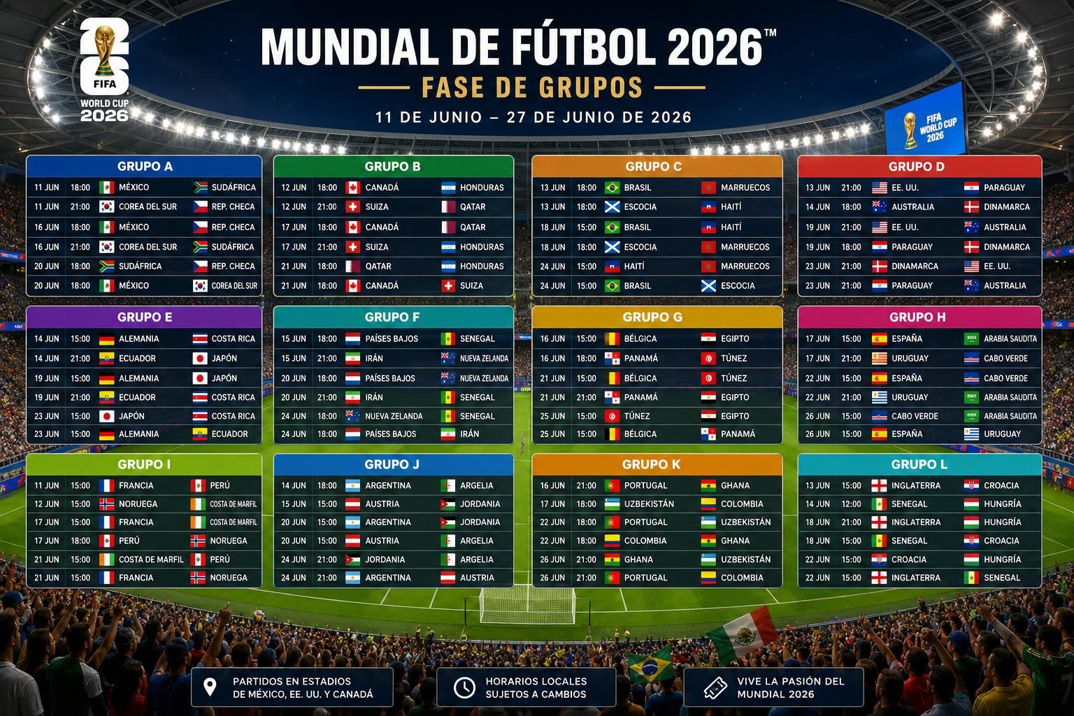 consulta el calendario completo de la fase de grupos del mundial de fútbol 2026 con fechas y horarios detallados para no perderte ningún partido.
