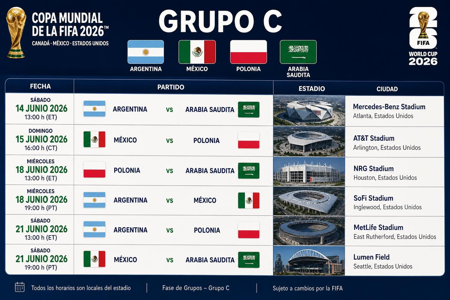 descubre el calendario completo del grupo c para la copa mundial de fútbol 2026, con fechas y horarios de todos los partidos para que no te pierdas ninguna acción.