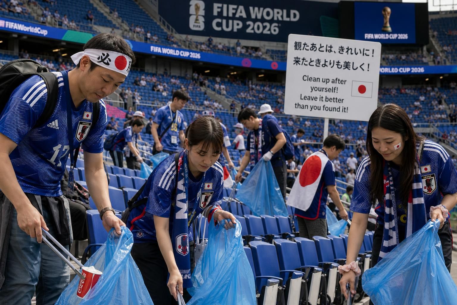 copa del mundo: los hombres japoneses se destacan como los reyes de la limpieza en los estadios, mostrando disciplina y respeto, aunque esta dedicación no siempre se refleja en sus hogares.
