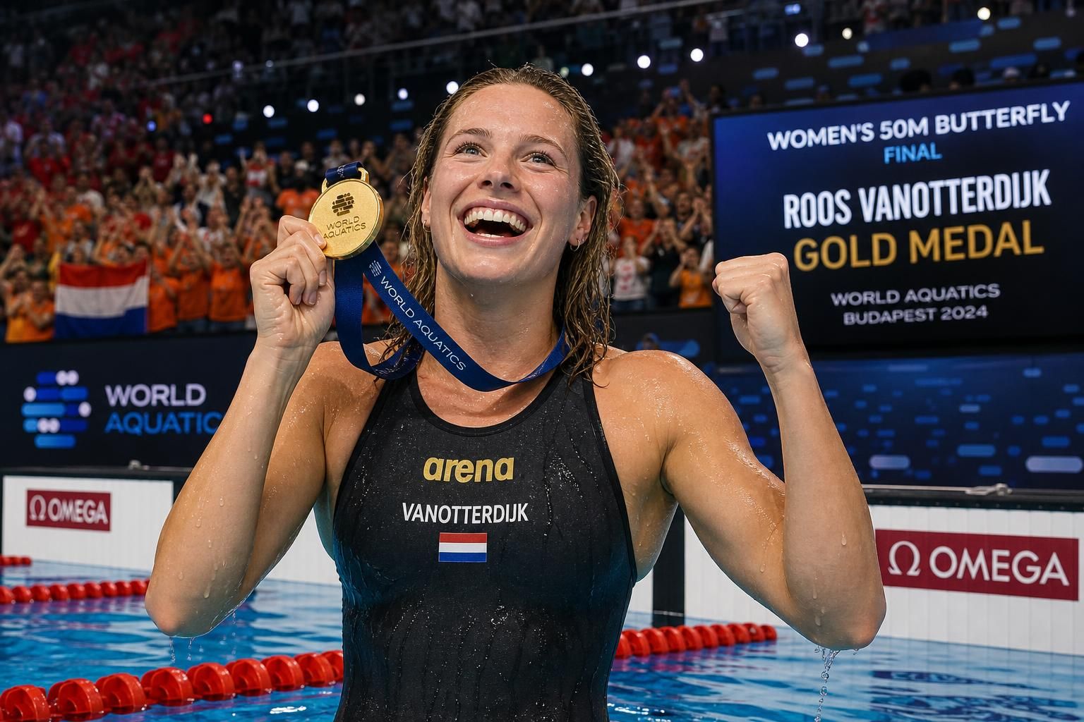 roos vanotterdijk se corona campeona con la medalla de oro en los 50 metros mariposa en el mundial de natación en piscina corta.