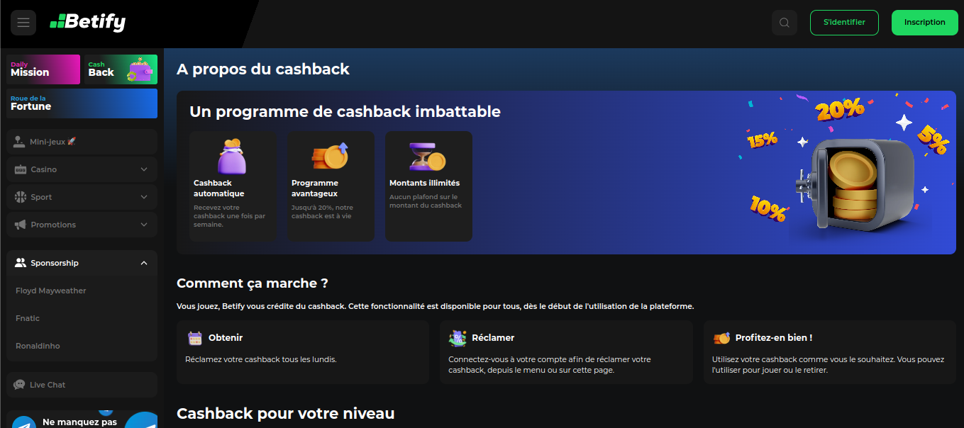 Página del programa de cashback semanal de Betify