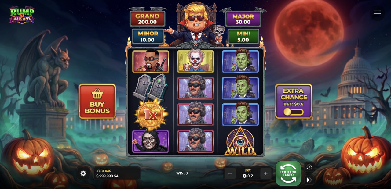 Rejilla 3x4 de Rump & Halloween bajo los cuatro jackpots, con Buy Bonus y Extra Chance