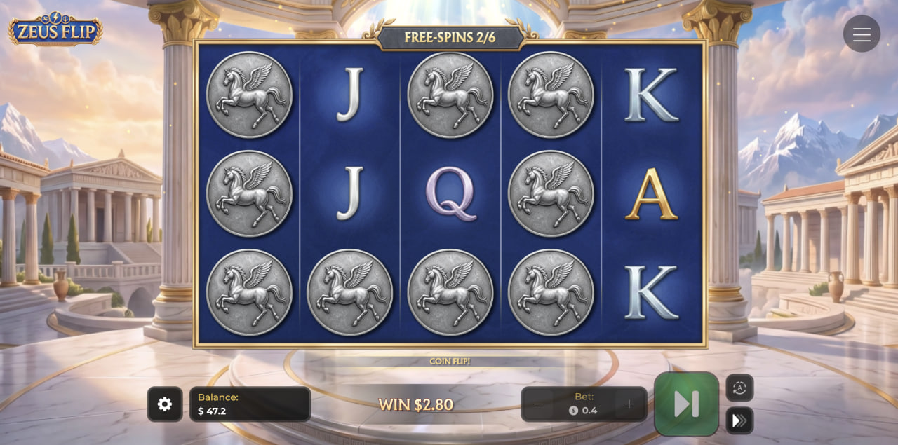 Rodillos de Zeus Flip durante los Free Spins con monedas de Pegaso y Coin Flip