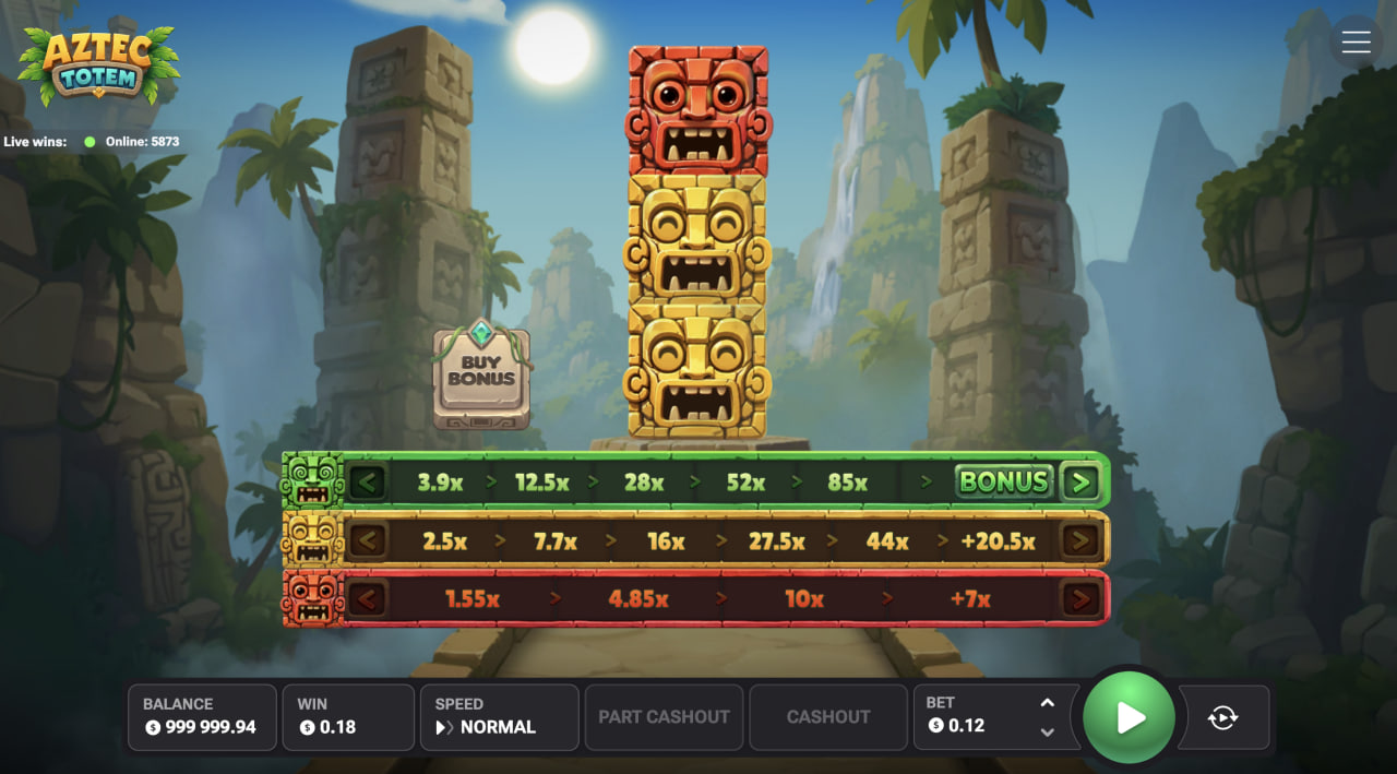 Tablero de Aztec Totem visto en ordenador: tótem central y tres líneas de multiplicadores